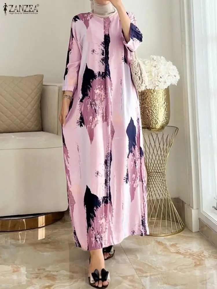 

Осень 2024, платье с принтом ZANZEA, модные мусульманские платья, Абая, женский повседневный сарафан с круглым вырезом и длинными рукавами, халат Femme, свободные платья