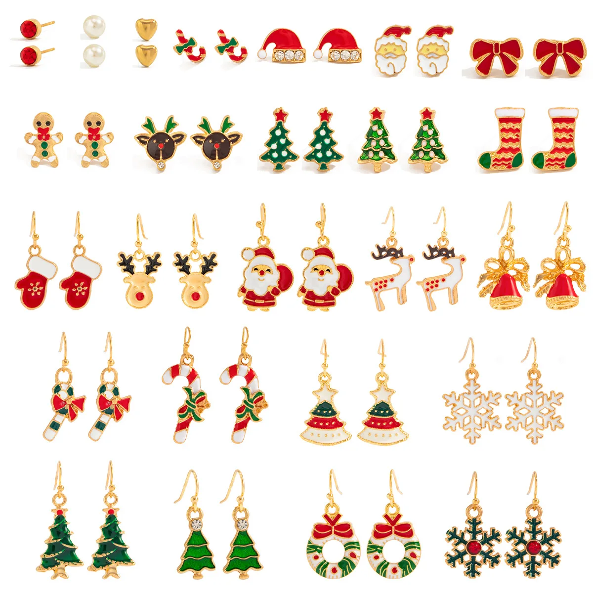 High Quality Christmas Earrings Set Snowflake Bell Pendant Cartoon Enamel Reindeer Santa Claus Pearl Charm Stud