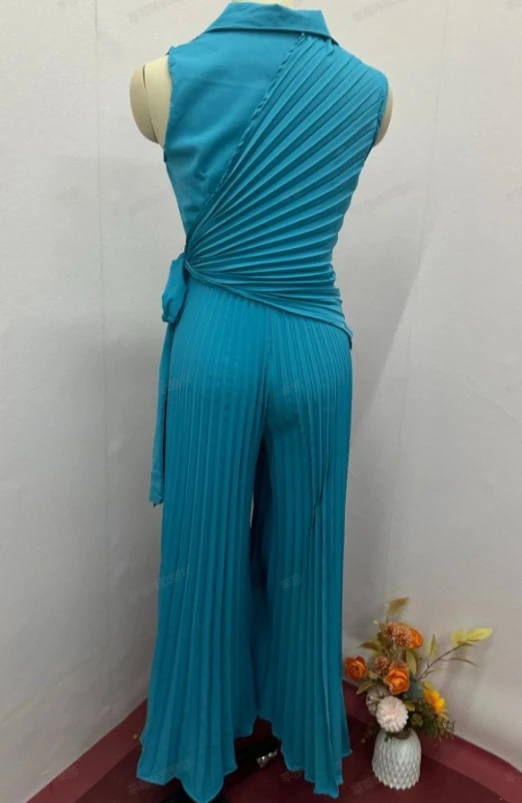 Fashion Lapel Pleated Solid Color Wide Leg One-Piece Pants Woman Summer Wrinkles Style Sleeveless High Waist Wide Legs Jumpsuit