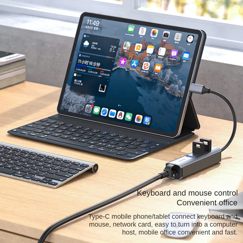 2-in-1 Type-C to 1000Mbps Ethernet Network Adapter with 3 USB 3.0 Hubs, Aluminum Alloy