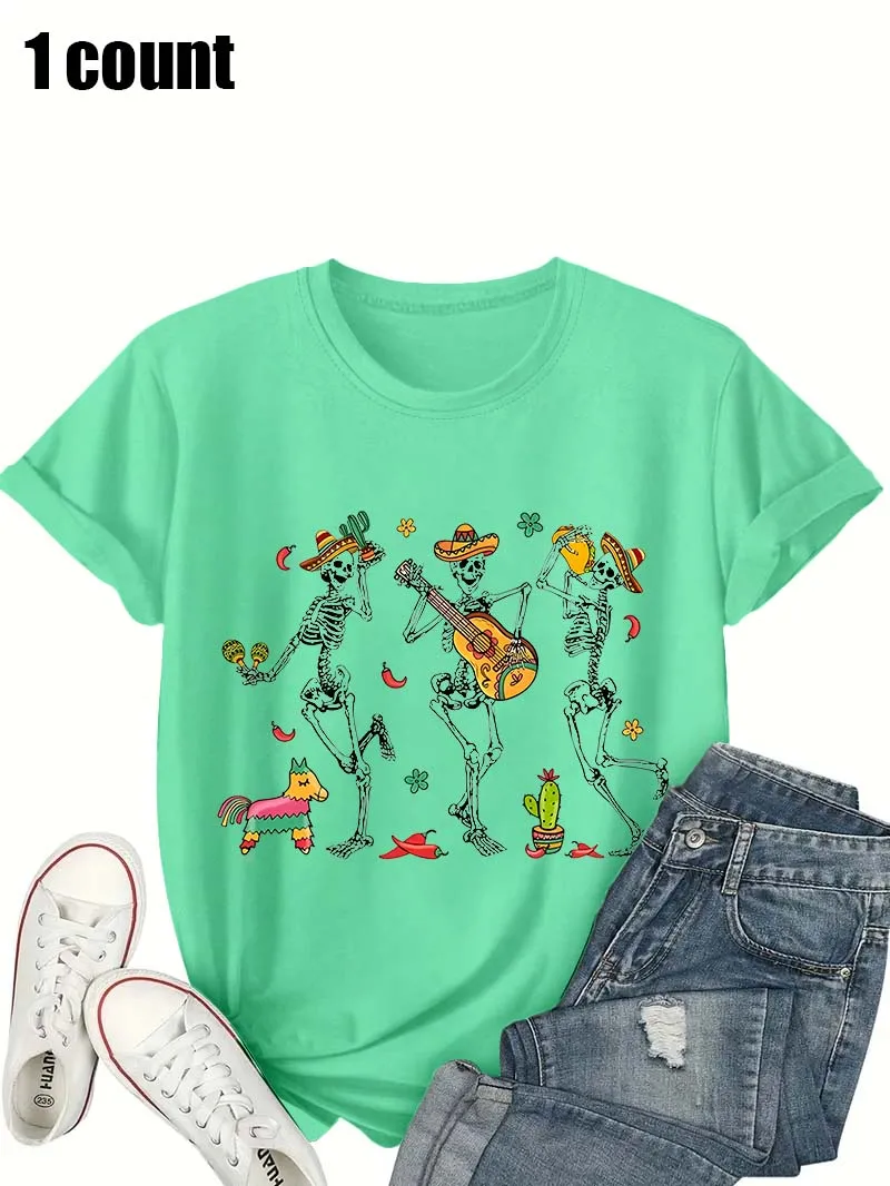 プラスサイズのレディース T シャツ、メキシコ スケルトン バンド プリント フォーク アート カジュアル ストリートウェア トップ