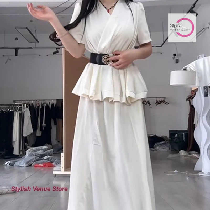 بدلة على الموضة الفرنسية صيف جديد الساتان الخصر الخامس الرقبة قصيرة الأكمام قميص عالية الخصر على شكل حرف A النمط الغربي بدلة من قطعتين