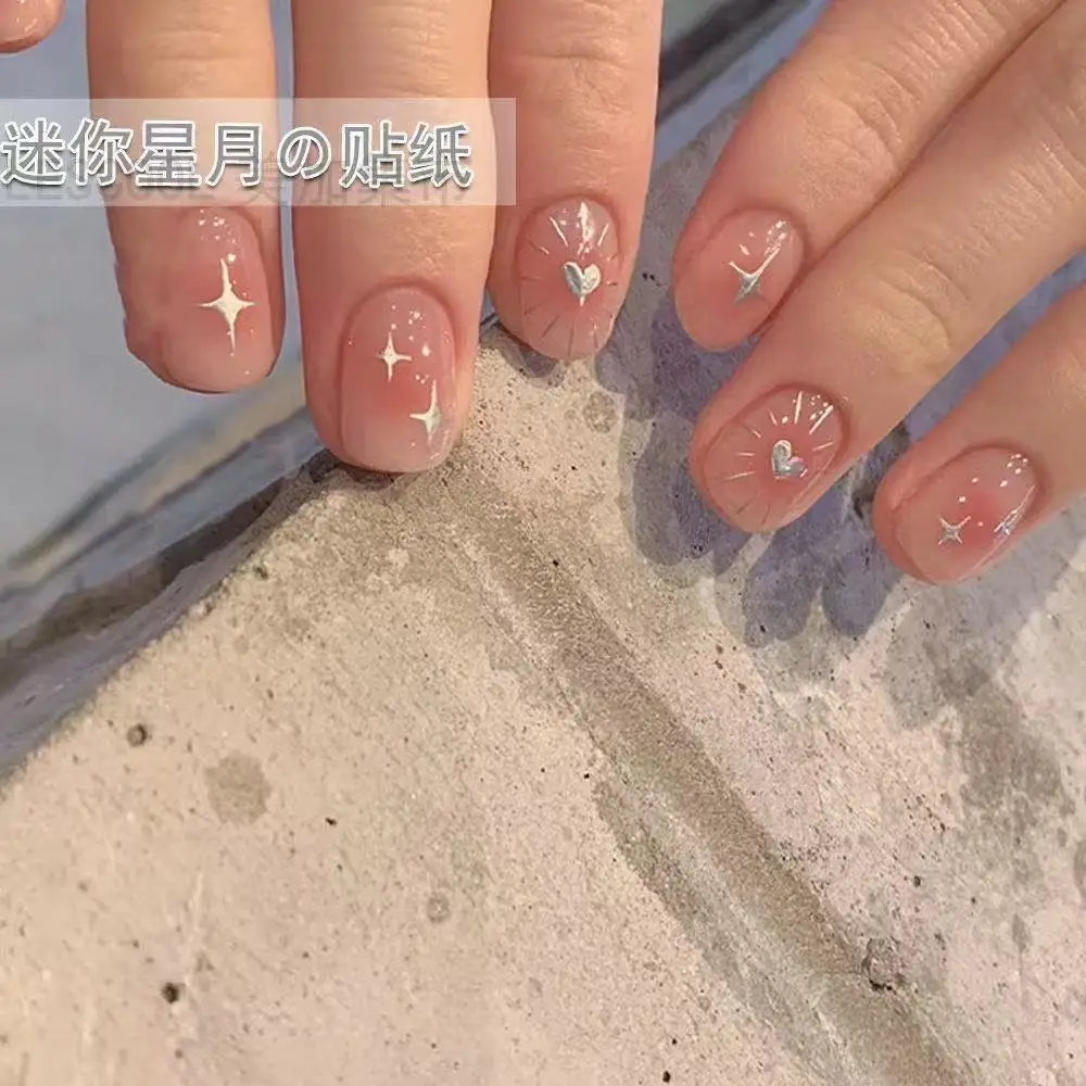 Waterproof 3D Nail Decals Silver Crescent Geometric Heart Star Gold Foil Stickers for Professional Manicure