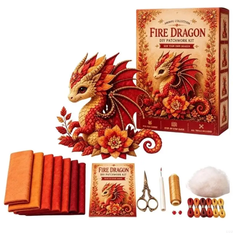 XXFE Patchwork Dragon Craft Project with Coordinated Fabric, Thread, Tools and Guide for Kids, Teens and Family DIY Time