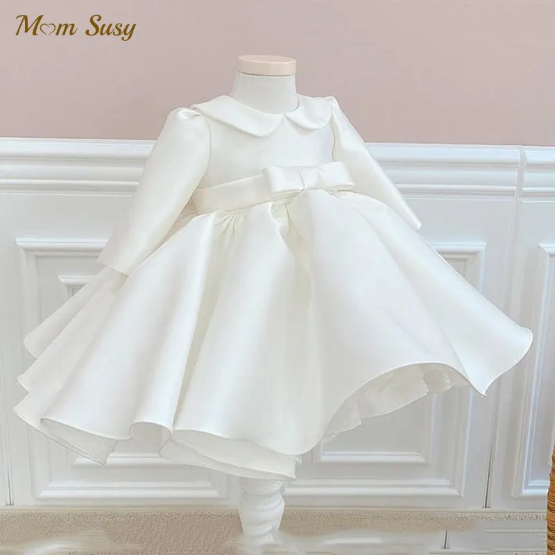 Baby Girl Princess Silk Peter Pan Collar Dress Long Sleeve Child Vintage Bow Vestido Party Birthday Baptism Frocks 1-14Y