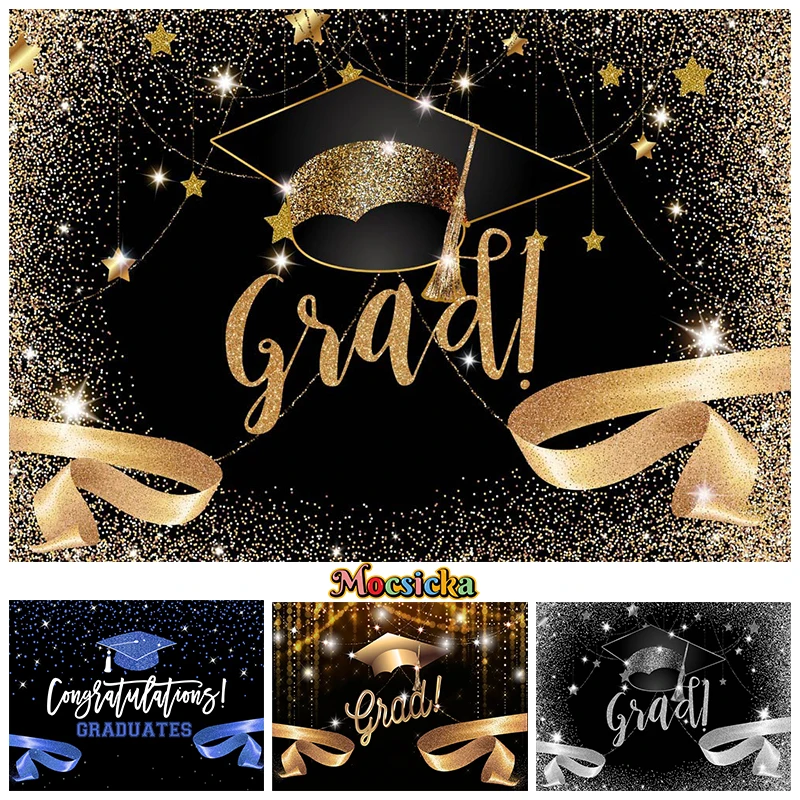 Mocsicka Graduation Background School Gold Bachelor Cap Party Decoration 2025 Student Graduate Photo Backdrop Photography Banner