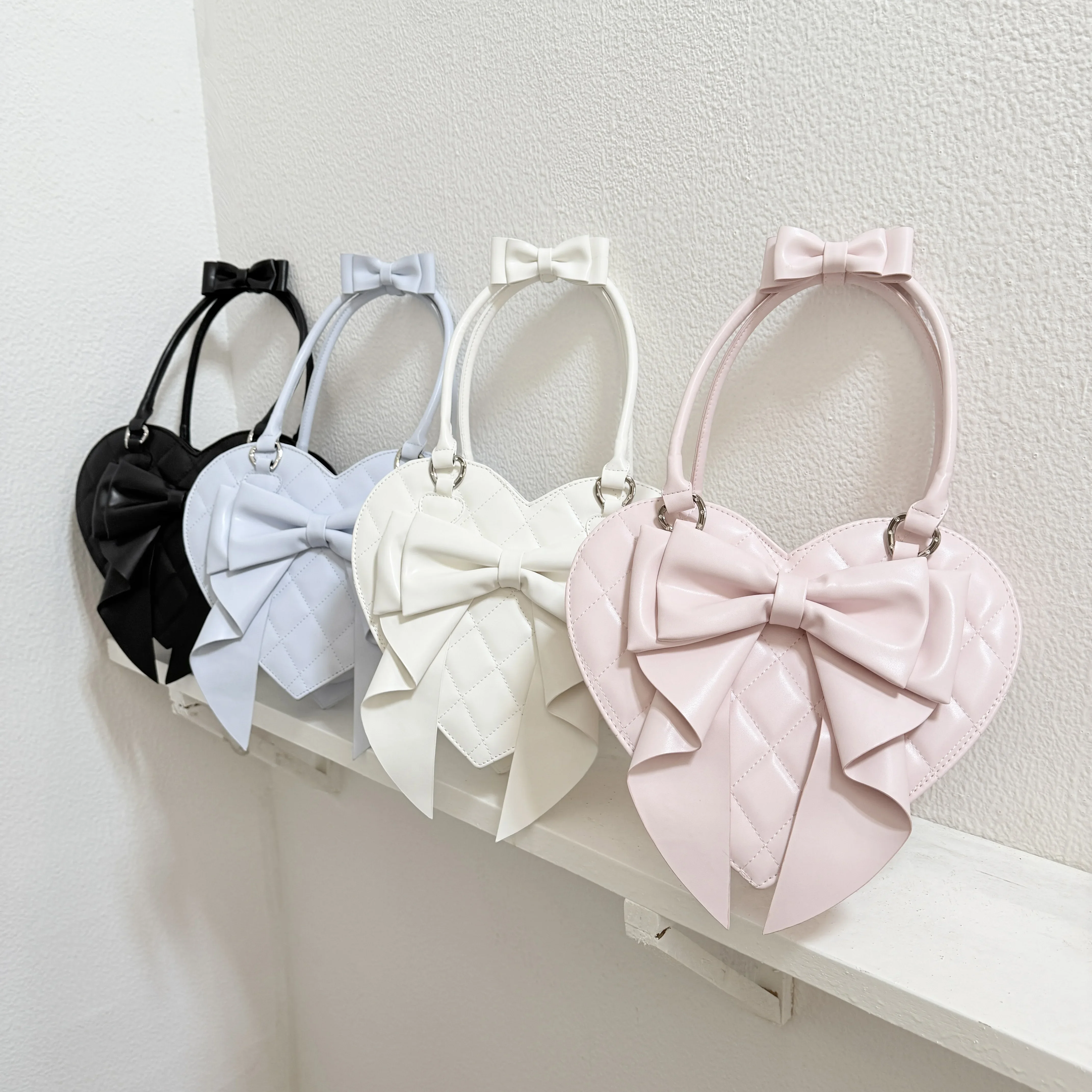 Original Design Ladies' Versatile Cute Sweet Series Handbag College Girl's Bow Love Shaped Shoulder Bag Lolita Party Bag