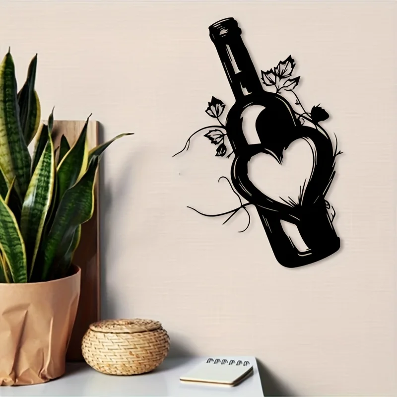 Vintage Grape Vine Metal Wall Art Iron Heart Bottle Sculpture Kitchen Wine Cellar Hanging Mural Vineyard Winemaker Decor Gift