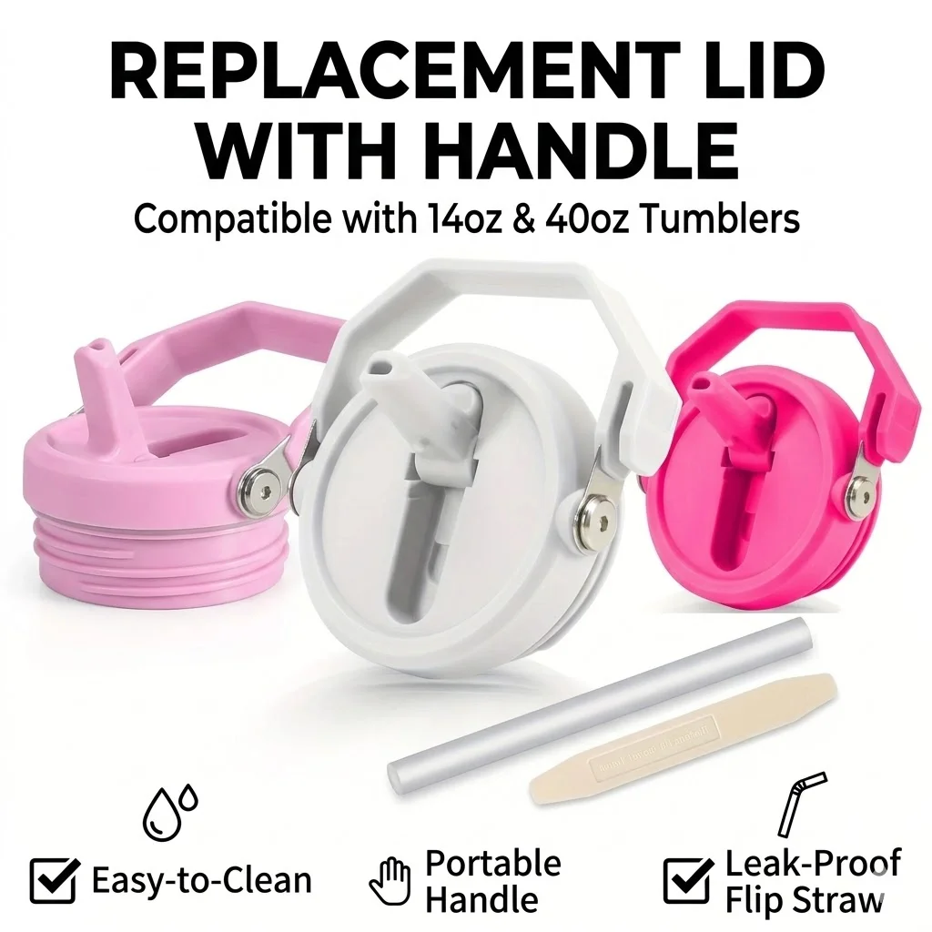 Compatible with 14oz 40oz Cups, Replacement Lid with Handle & Flip Straw, Leak-Proof Splash-Proof Tumbler Cover