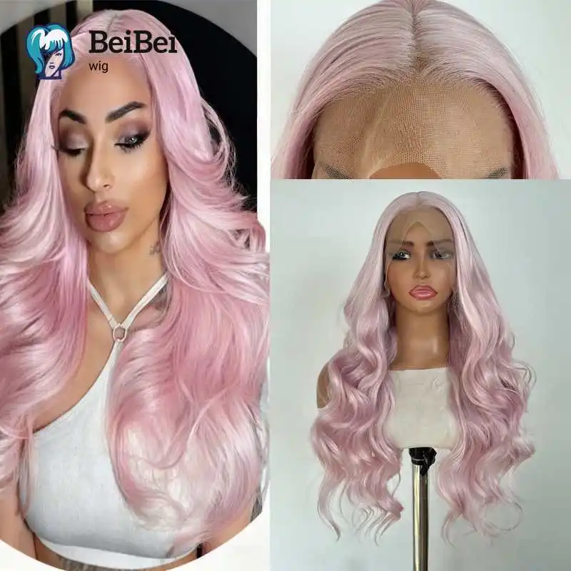 

13×4 Pink Lace Front Wig Highlight Light Pink 26 Inch Long Body Wavy Synthetic Wigs with Heat Resistant for Women Cosplay Use