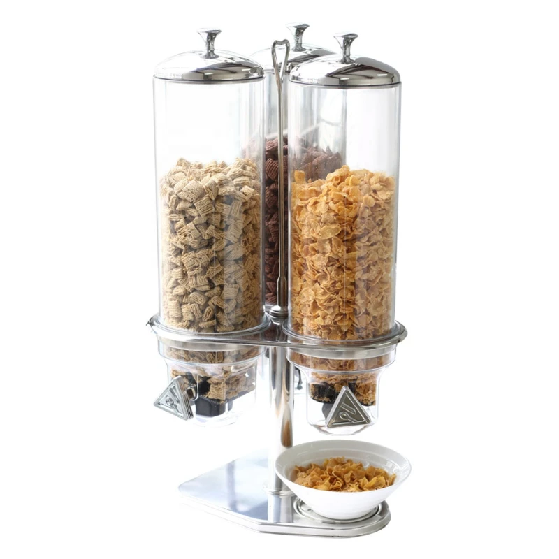 Triple Tubes 12L Classic Space Saving Rotating Cereal Dispensers for Hotel Buffet Restaurant Snacks Container