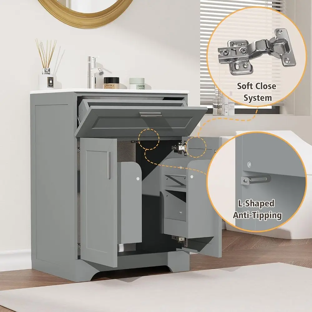 طقم مكون من 24 قطعة من الخشب الرمادي مع حوض سيراميك وتخزين مخفي