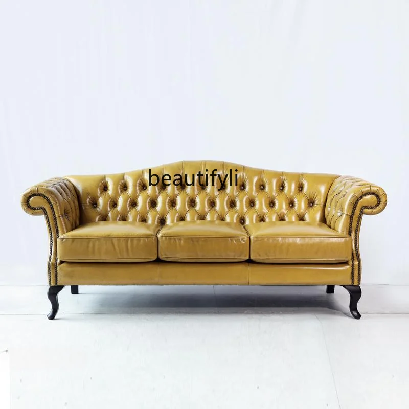 

American Country Leather Sofa Pull Buckle Three-Seat Double Sofa Living Room and Hotel Sofa