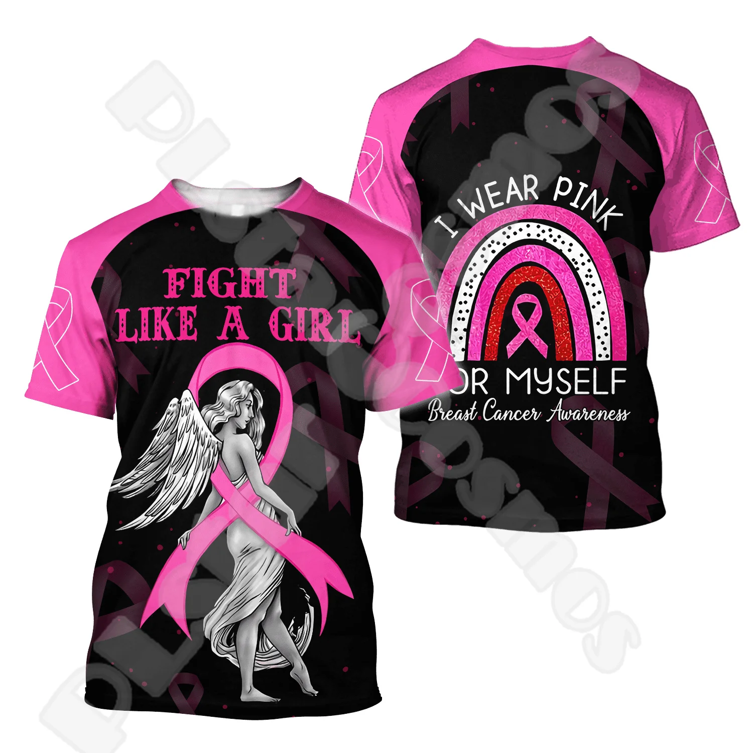 Custom Name Breast Cancer Fighter Pink Colorful Tattoo Retro Vintage 3DPrint Summer Casual Funny Harajuku Short Sleeve T-Shirt 0