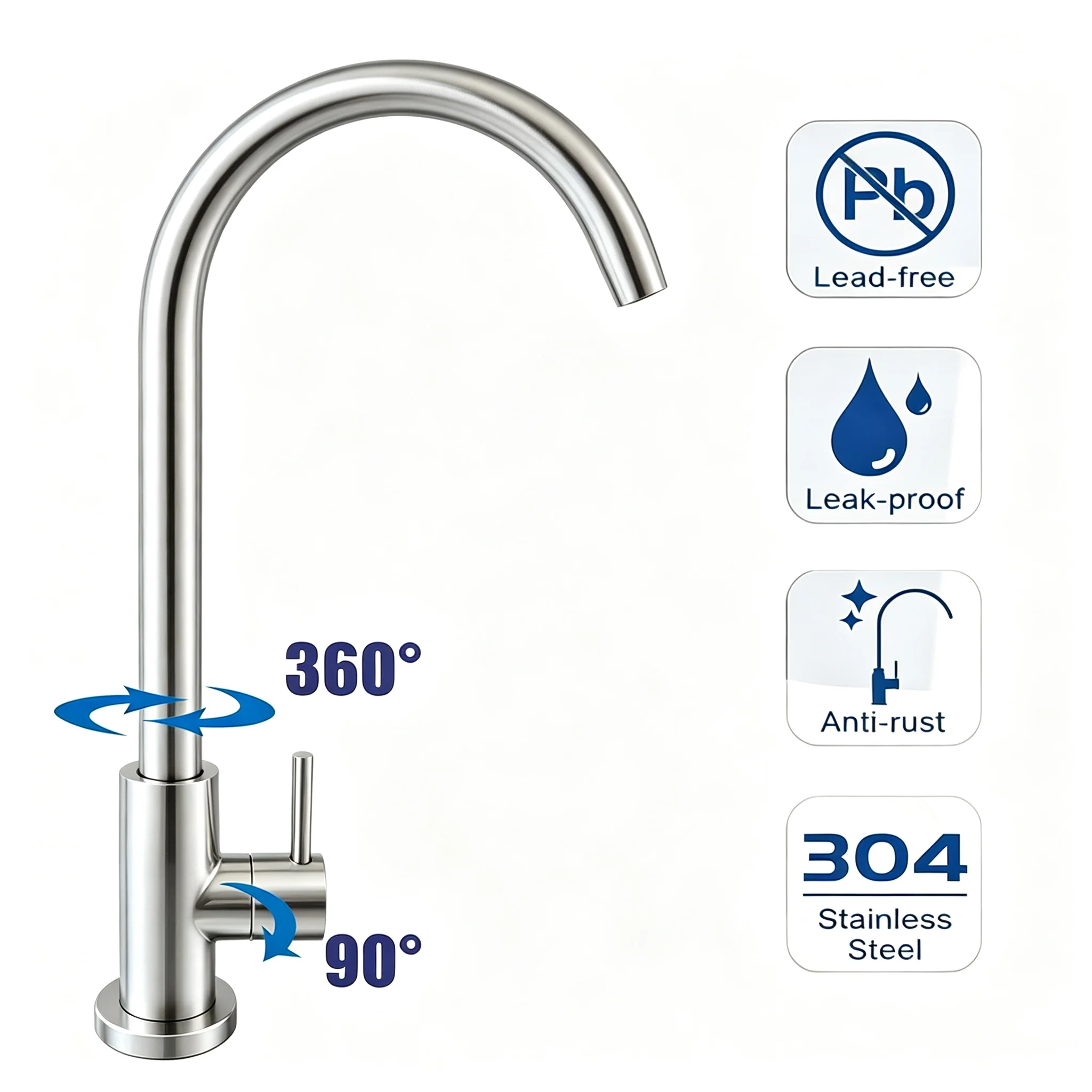 Stainless Steel Kitchen Faucet RO Pure Water Tap Single Handle Tall Curved Spout for Under Sink Water Purifier System