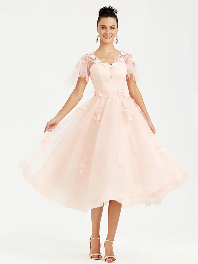 Robe trapèze en tulle à manches courtes et col en V avec appliques, robe de soirée, robe de Rhsimple, longueur de thé, robe d'invité de mariage élégante