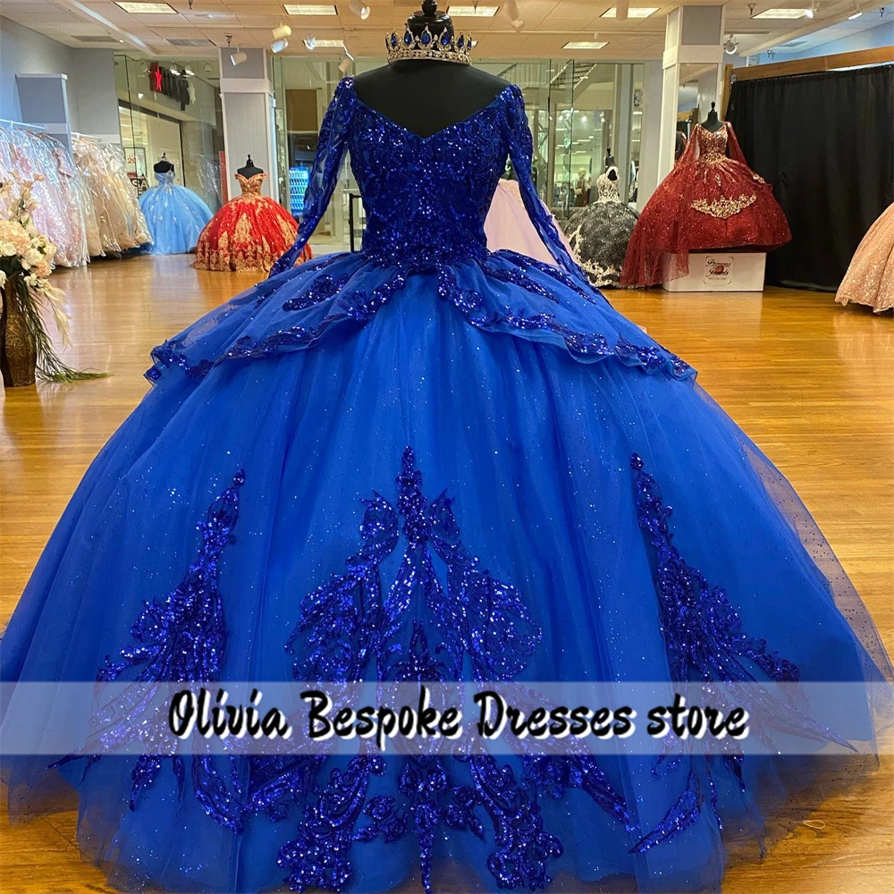 Glanzend Koningsblauw Lange Mouwen Quinceanera Jurk Kralen Appliques Ruche Baljurk Voor Verjaardag Vestidos De 15 Quinceañera Azul Rey