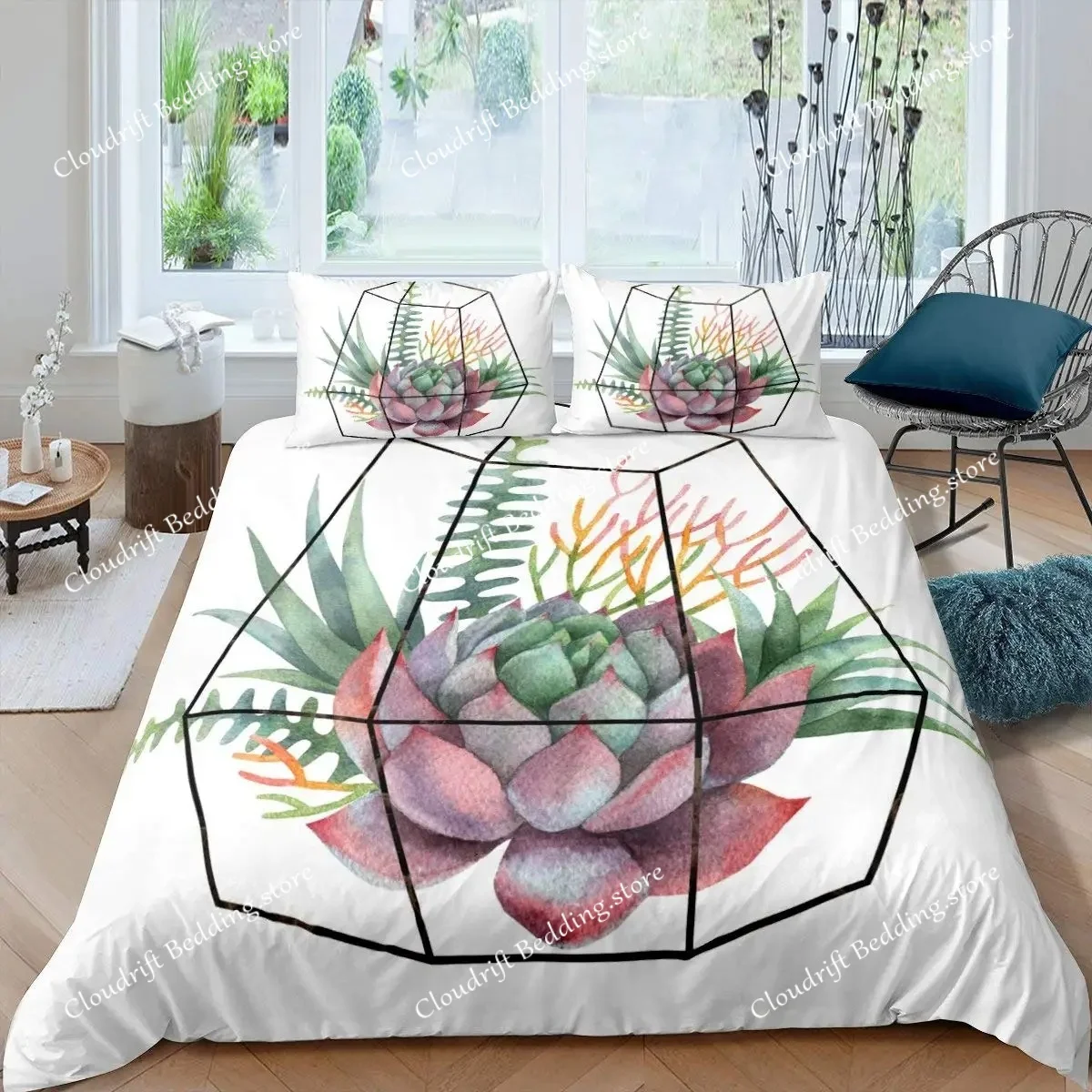Succulents Duvet Cover Set Green Plant Tropical Botanical Bedding Set Watercolor Painting Stylish Nature Theme Twin Quilt Cover