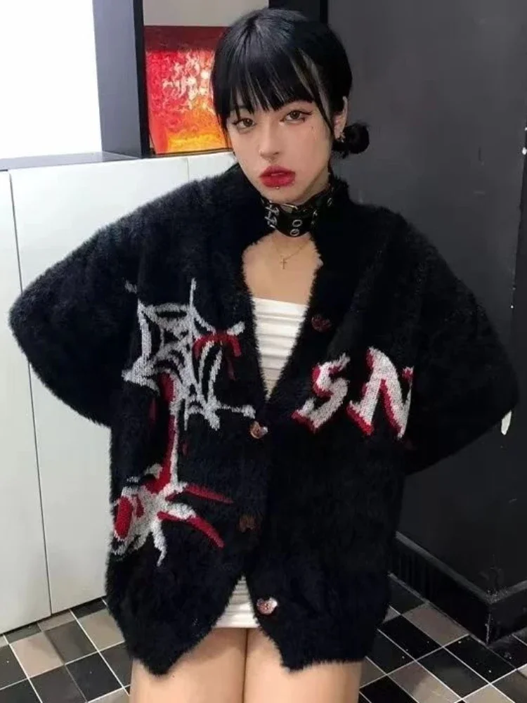 

Y2K Gothic Knitted Cardigan Women Punk Harajuku Oversized Button Up Sweater V-neck Loose Long Sleeve Tops E-girl Grunge