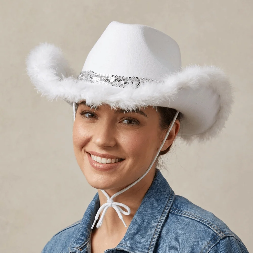 Casual Solid Color Western Cowboy Hat Wide Brim Furry Trim Sequin Cowgirl Hat Sunscreen Ethnic Style Jazz Hat Girl