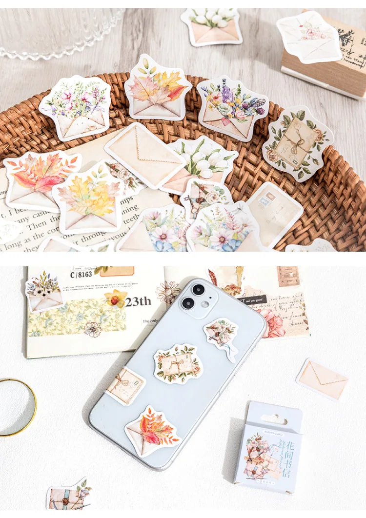 46Pcs Flower Envelope & Letter Stickers per Box for Junk Journal Diary Planner Scrapbooking Decorative DIY Craft