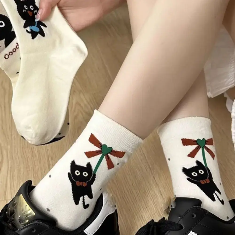 5 Pairs Sweet Cat Middle Tube Socks Thickened Breathable Polka Dot Socks Cat Wave Point Hosiery Knitted Mid-tube Socks Autumn