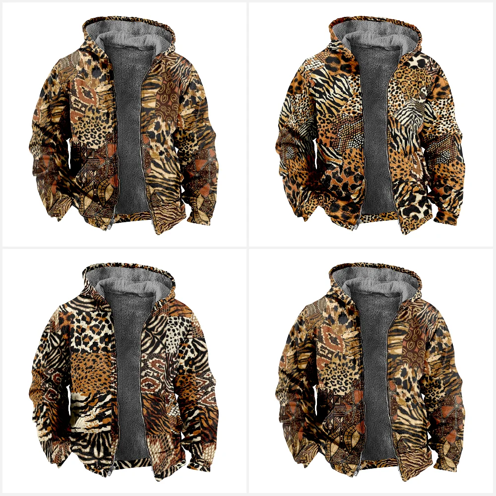 Autumn Winter Fleece Zip Up Hoodies Patchwork Leopard Digital Print Men Parka Coats Jackets Outerwear Sweatshirts Clothing