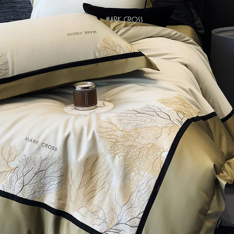 2024 New Four-piece Bedding Simple Cotton Double Household Bed Sheet Feather atterns Quilt Cover Comfortable Bedding Khaki Color