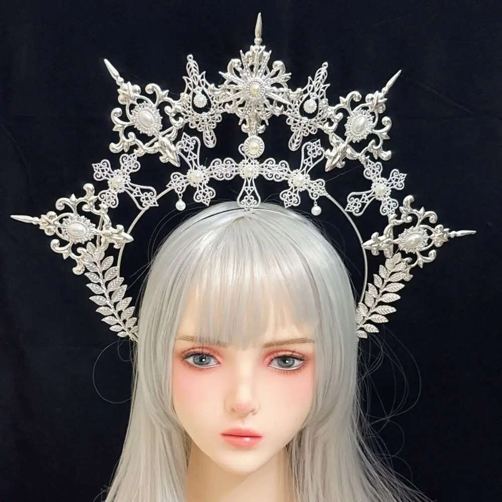 Gold Plated Sun Goddess Crown Vintage Metallic Alloy Material Baroque Tiara Headband Spike Design Exquisite Cross Details