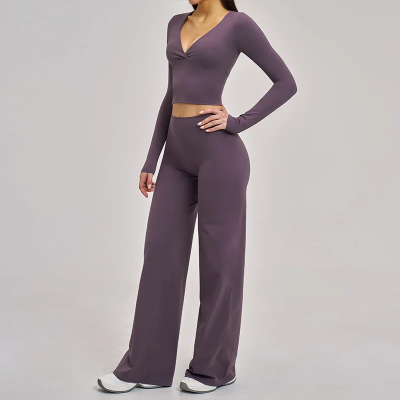 SVEIC Yoga Set 2 Piece Long Sleeve Top Women V-Neck Twist Fitness High Waist Wide Leg Pants Sports Workout Leggings Gym Clothing