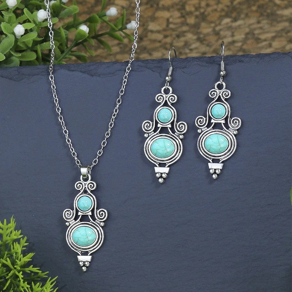 Vintage Boho Elegant Water Drop Flower Pendant Necklaces Earrings Set for Women Ethnic Blue Stone Geometric Jewelry Accessories