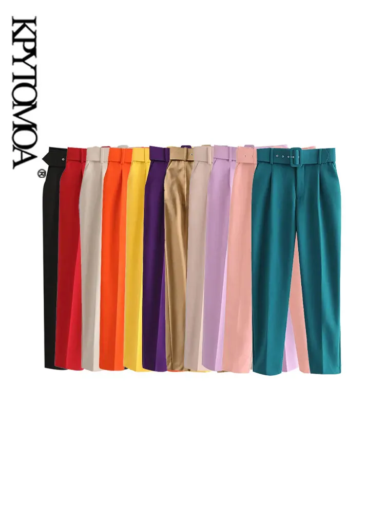 KPYTOMOA moda donna con tasche laterali cintura pantaloni da ufficio pantaloni Vintage a vita alta con cerniera Fly pantaloni alla caviglia