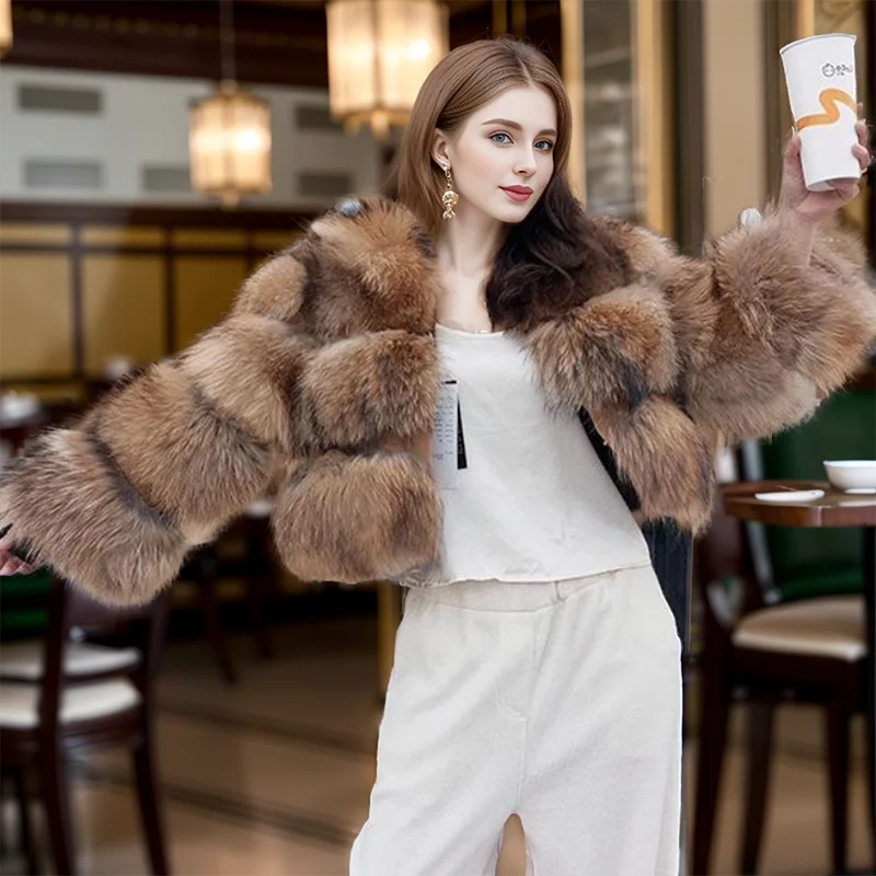 2024 Winter Women's Luxury Thickened Raccoon Skin Coat 100% Natural Fox Skin Jacket Warm Leather Fur One Piece Coat