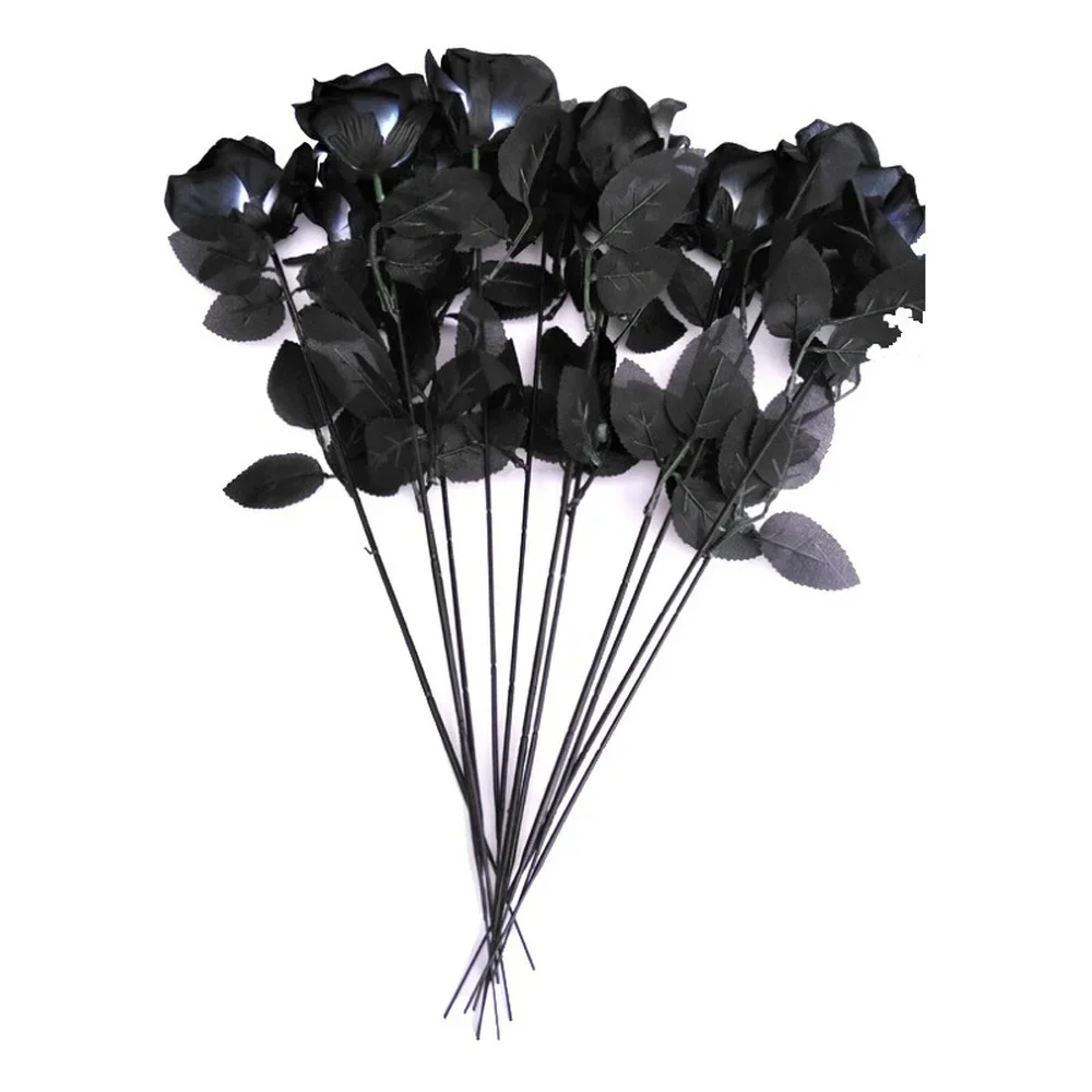 10 unids/set ramo de rosas negras artificiales Halloween simulación casera rosa negra flor falsa Par de boda