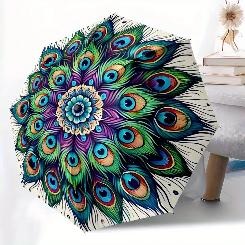 

1pc Peacock Feather Mandala Automatic Open/close, All-Season Portable Folding Umbrella for Friends, Travel, Everyday, Events -