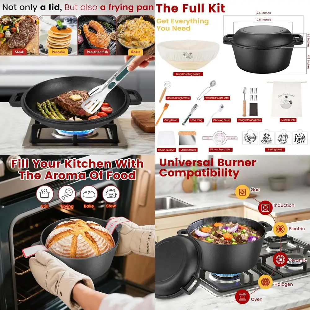 

Cast Iron Dutch Oven or Bread Bowl with Skillet Lid, Sourdough Starter Kit including Proofing Basket and Lame, Versatile Pot for