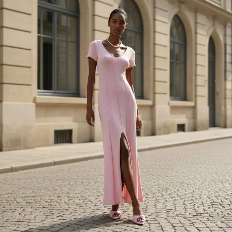 

Short-sleeved knitted dress 2026 spring-summer new V-neck slit long dress slim-fit long dress