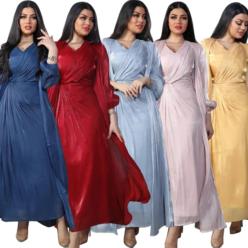 2 Pieces Open Abaya Moroccan Party Caftan Set Women Satin Arabic Evening Dresses Ramadan Muslim Dubai Abayas Eid Mubarak Kaftan