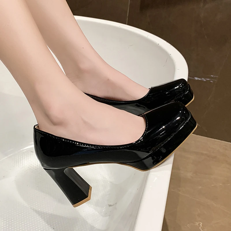 Fashion Patent Leather Pumps Women Plus Size 43 Platform Square Toe Party Shoes Woman 2024 Spring Thick High Heels Pumps Ladies