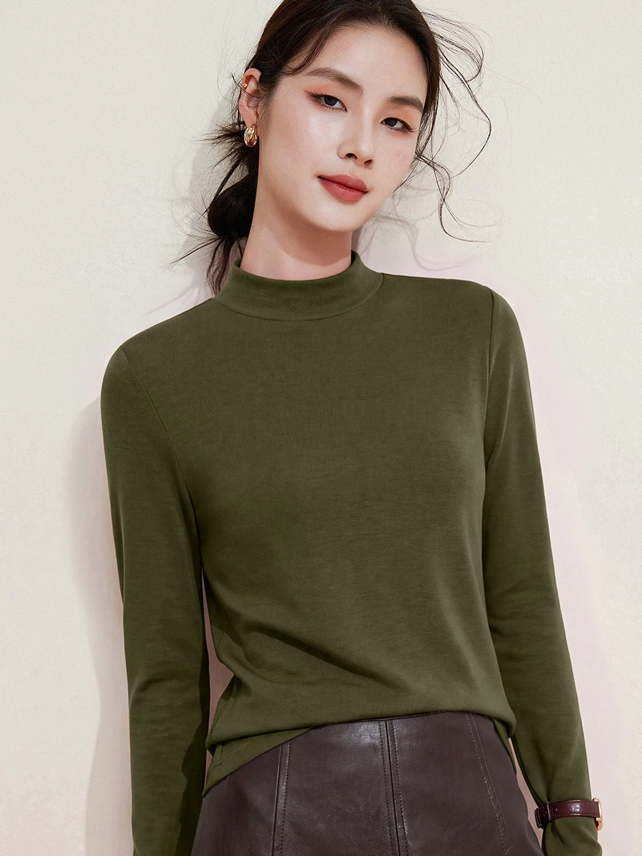 2026 Fall Winter Women Merino Wool Mock Neck Long Sleeve Tee Slim Fit Basic Elegant Versatile Undershirt Tops Shirts for Women