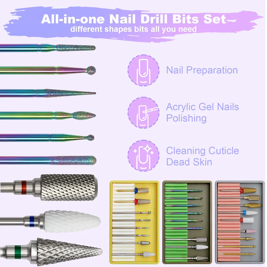 Kit di punte per trapano per unghie in lega di acciaio al tungsteno per rimuovere la cuticola Strumento per testa di molatura per nail art Strumento per lucidare le unghie in ceramica
