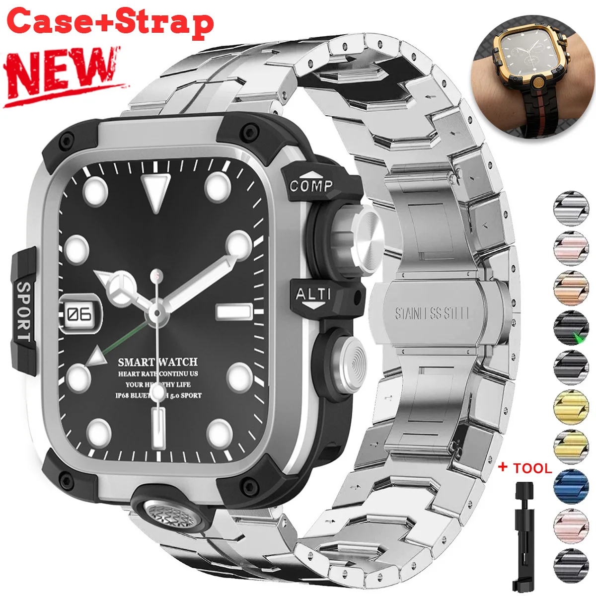 

Ремешок + чехол для Apple Watch Ultra 3 49 мм 44 45 46 мм, ремешок из нержавеющей стали, бронированный металлический корпус для iWatch 11/10/8/7/SE/65, чехол