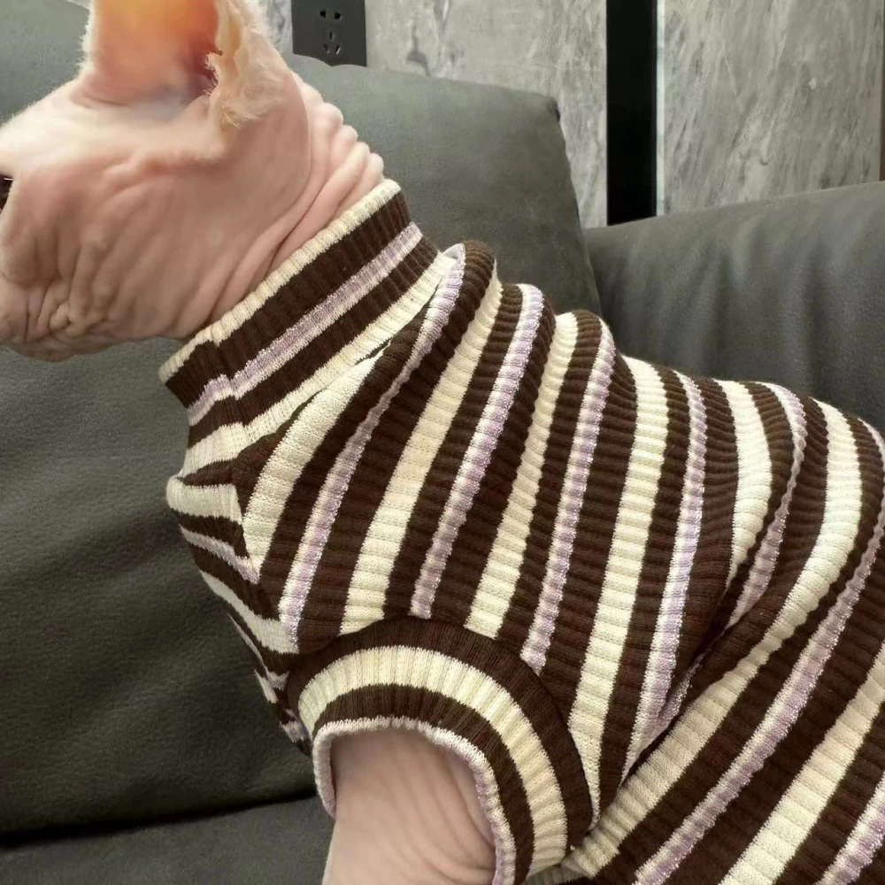 Cotton Striped T-Shirt for Sphynx Cat Summer Spring Short Sleeves Coat for Kittens Dogs Loungewear for Devon Rex Cat Supplies