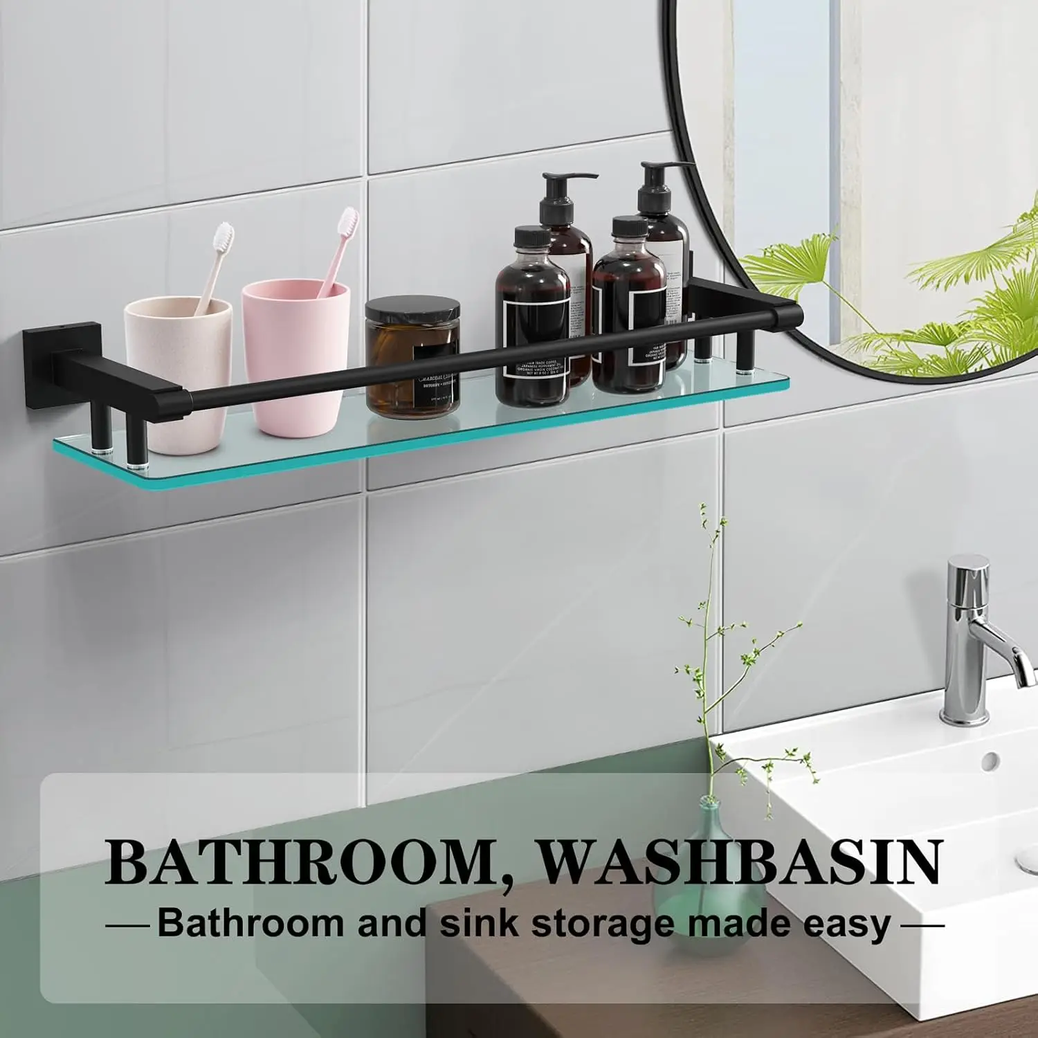 Matte Black Bathroom Glass Shelf Wall Mount SUS304 Steel Tempered Glass Rack Anti-fall Guardrail Vanity Organizer 16/20/24 Inch