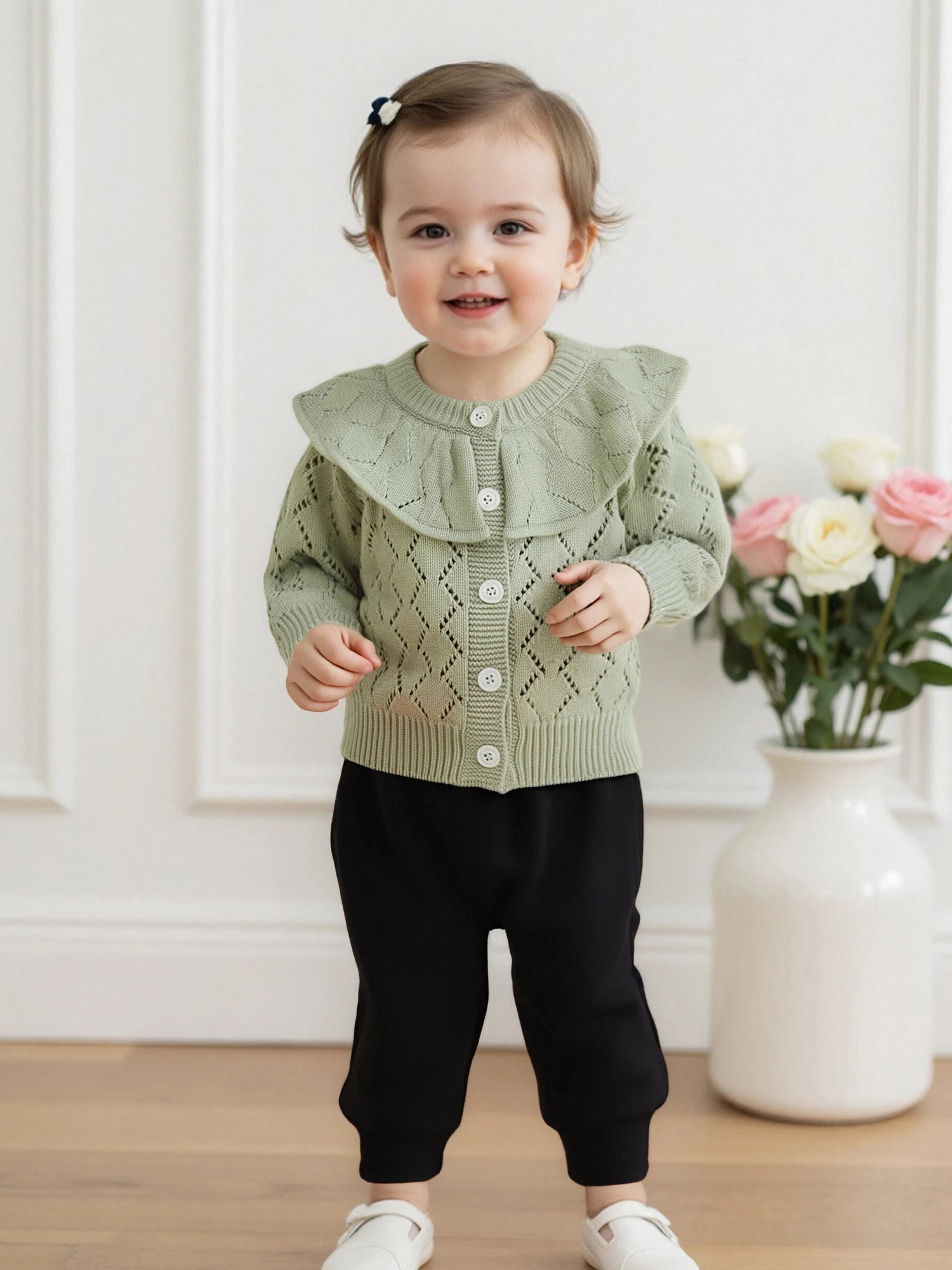 

Baby Girl Knitted Cardigan Jacket Eyelet Long Sleeve Crew Neck Button-up Sweater Tops Newborn Winter Fall Clothes