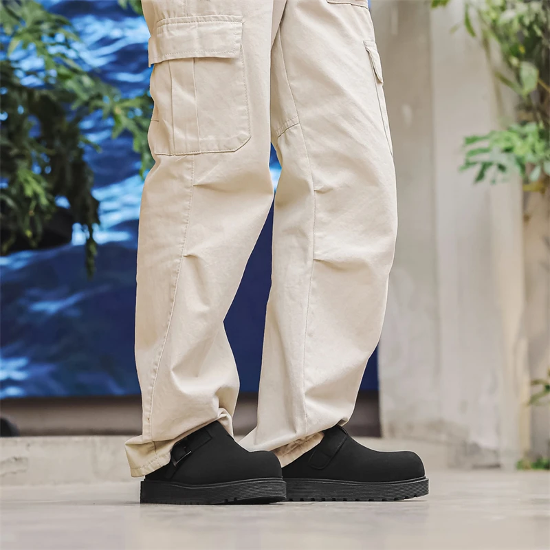 

Мужские ретро-тапочки: модные кожаные мюли с регулируемой пряжкой, удобные сабо с мягкой подошвой, новинка 2025 года, мужские шлепанцы на толстой подошве