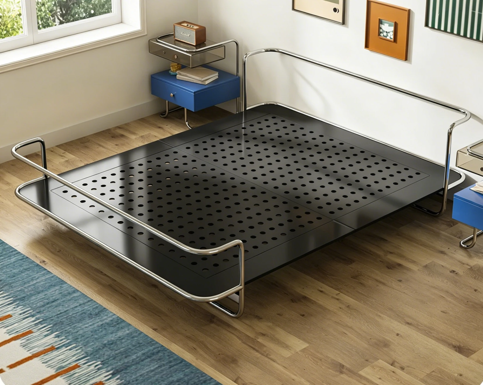 #Bauhaus Vintage Stainless Steel Double Bed Frame, Headboard-Free Flush Edge Bed for Master Bedroom & Homestay