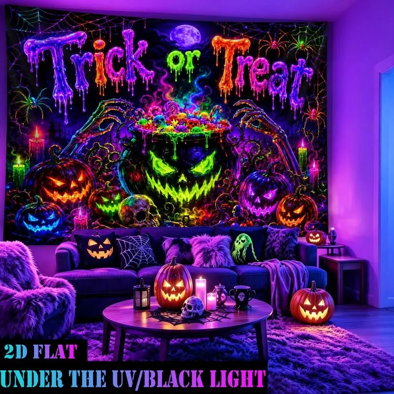 VIKAMA Halloween Trick or Treat Tapestry Cauldron Pumpkin Polyester Wall Hanging Bedroom Dorm Living Room UV Reactive Neon Glow