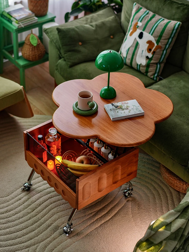 Chinese retro solid wood liftable movable petals sofa side French living room household small apartment balcony tea table