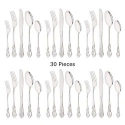 30Pcs Silver Royal Dinnerware Set Knife Dessert Fork Spoon Flatware Stainless Steel Cutlery Kitchen Silverware Tableware Set